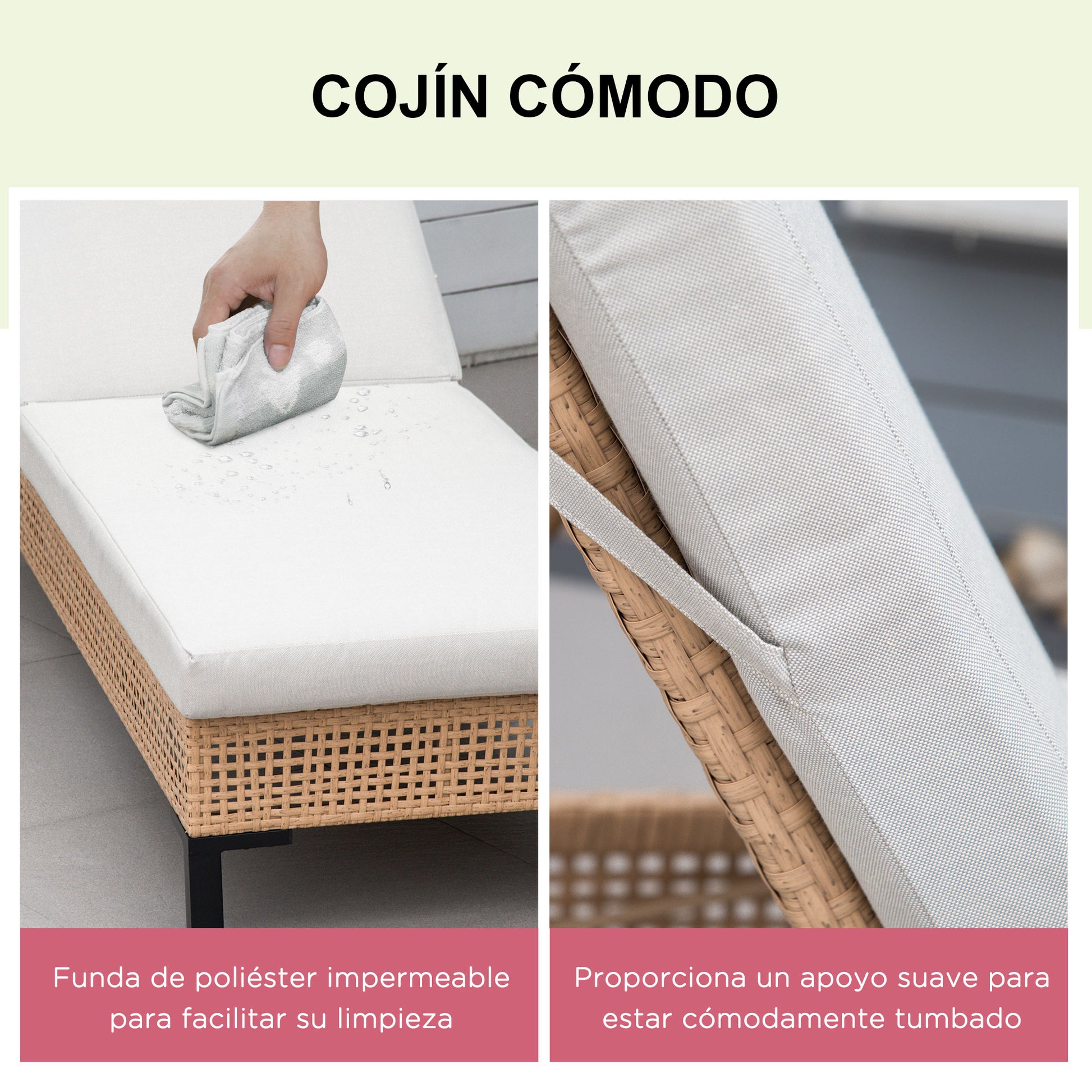 Outsunny Tumbona Ratán Jardín Con Respaldo Ajustable Cojín 2 Ruedas 200x65x31 Cm_5