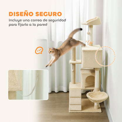 Pawhut Árbol Rascador Para Gatos 140 Cm Con Múltiples Plataformas Beige_5