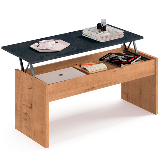 Mesa Centro Elevable, Comedor, Salón, Mesita Café Auxiliar Para Sofá, 47x100x50cm/58x100x50cm, Briebe, Opal, Madera