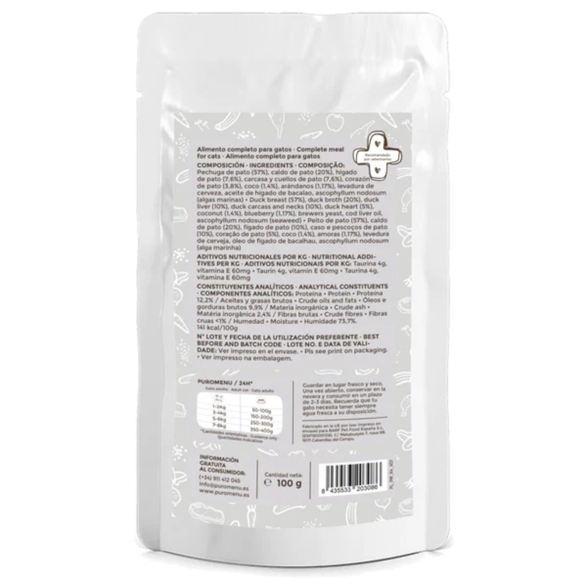 Comida húmeda Barf gatos Ronroneos sin fin (Pato) BIO Puromenu  100 g