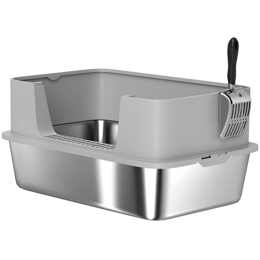 Pawhut Arenero Para Gatos De Acero Inoxidable Xl Borde Alto 60x40x29,5 Cm Gris_0