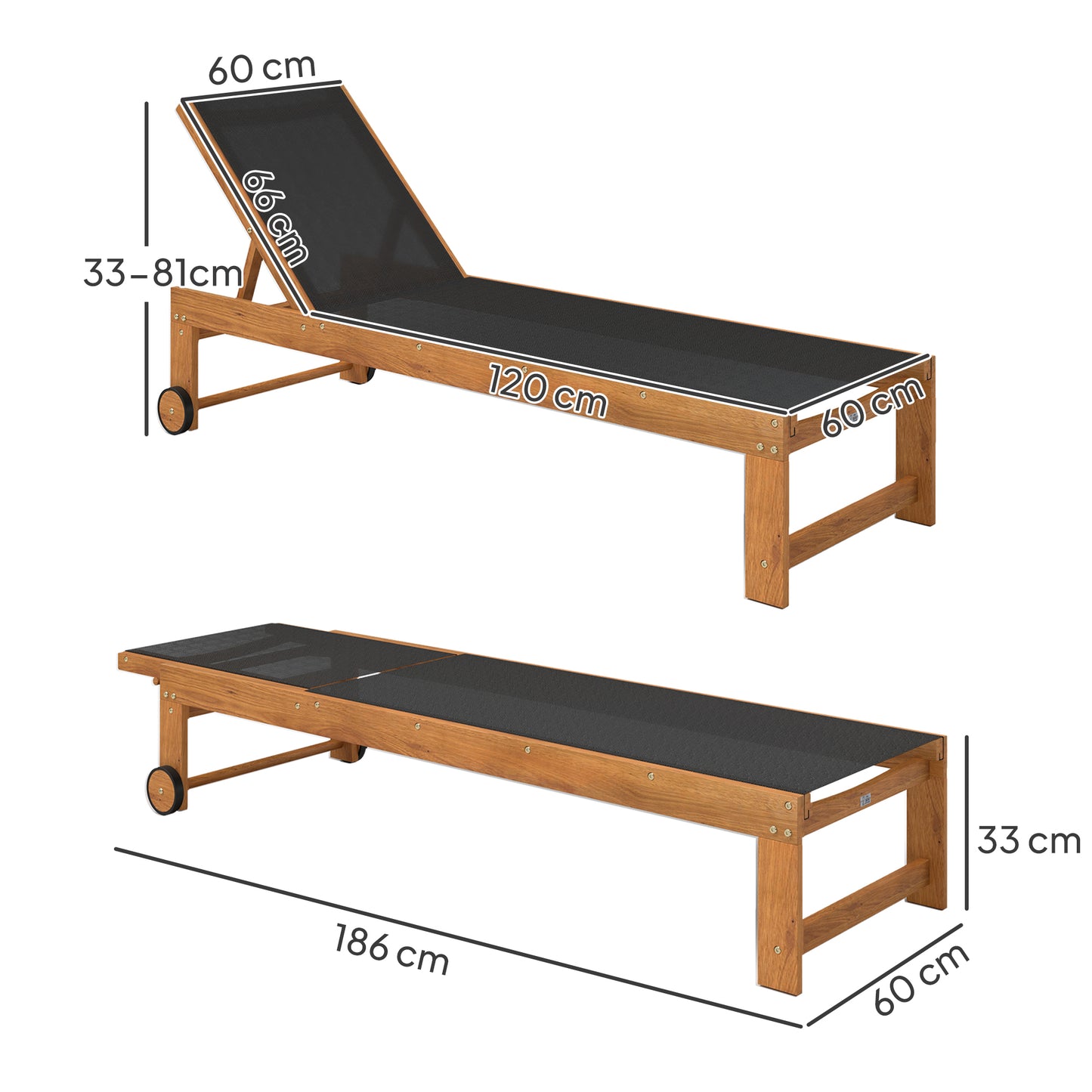 Outsunny Tumbona De Madera De Acacia Con Ruedas Respaldo Ajustable Negro_2