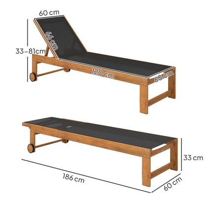 Outsunny Tumbona De Madera De Acacia Con Ruedas Respaldo Ajustable Negro_2