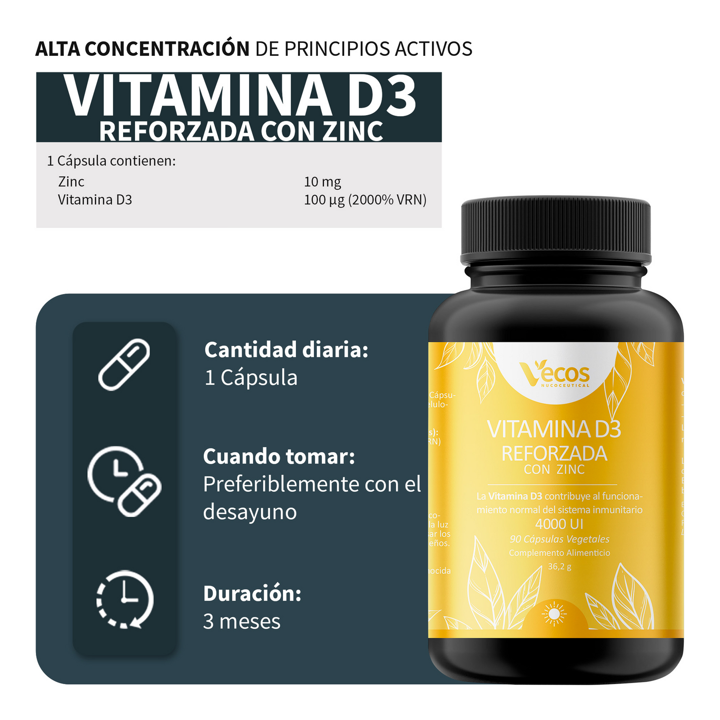 Vitamina D3 4000 Ui Con Zinc Vecos 90 Cápsulas | Defensas Activas Y Refuerzo Del Sistema Inmune_2