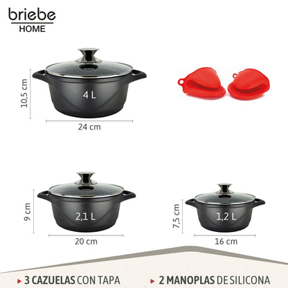 Briebe Batería De Cocina Inducción 6 Piezas Aluminio Fundido 3 Ollas Con Tapa De Cristal Antiadherente, Mgk-18, Negro_2