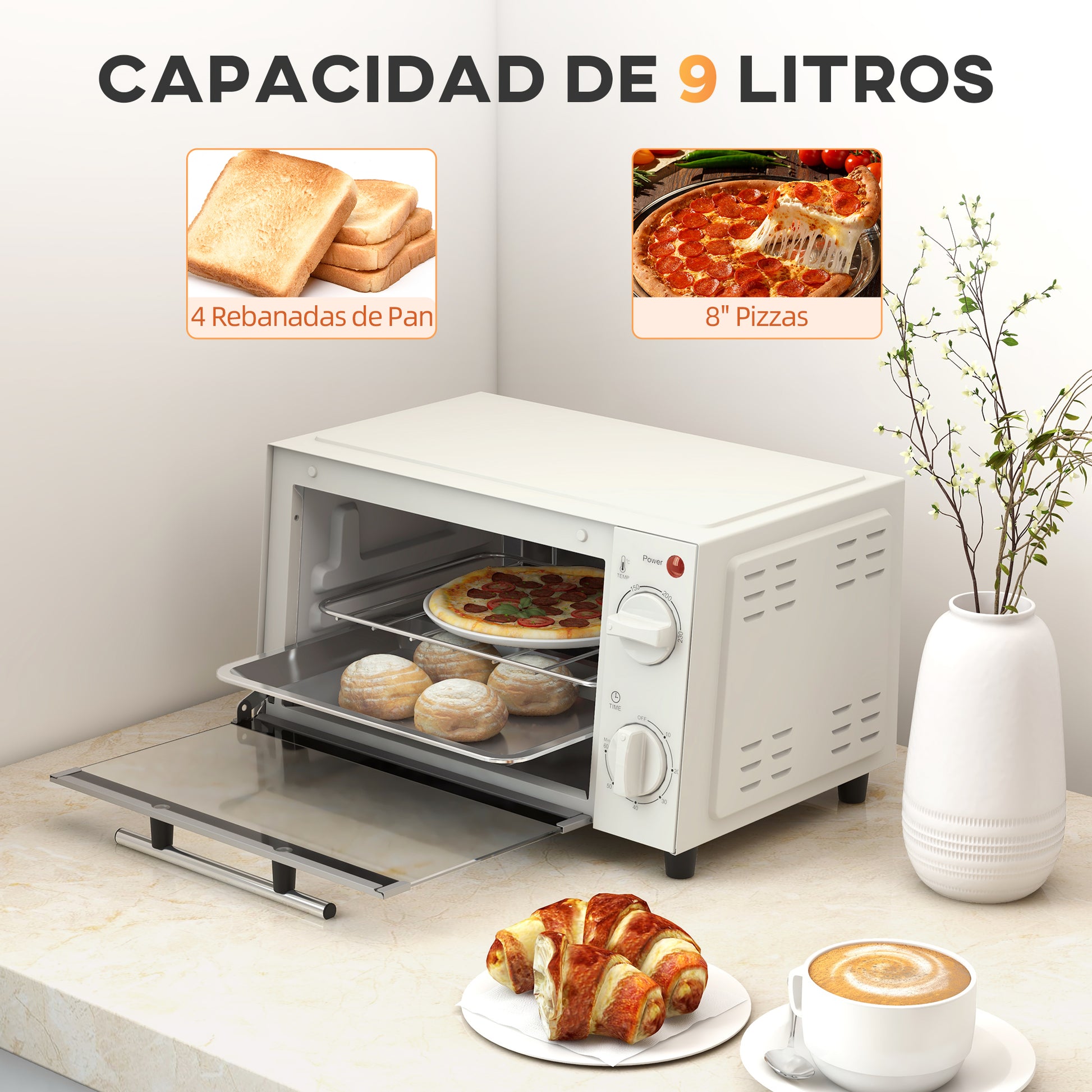 Homcom Mini Horno Eléctrico 9l 50w Con Temperatura Ajustable Temporizador Crema_3