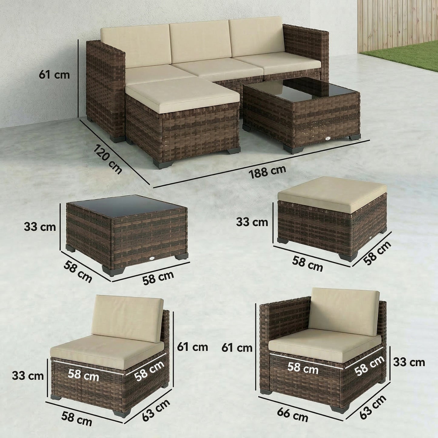 Outsunny Conjunto Muebles Jardín Exterior De Ratán 5 Piezas Cojines Caqui_2