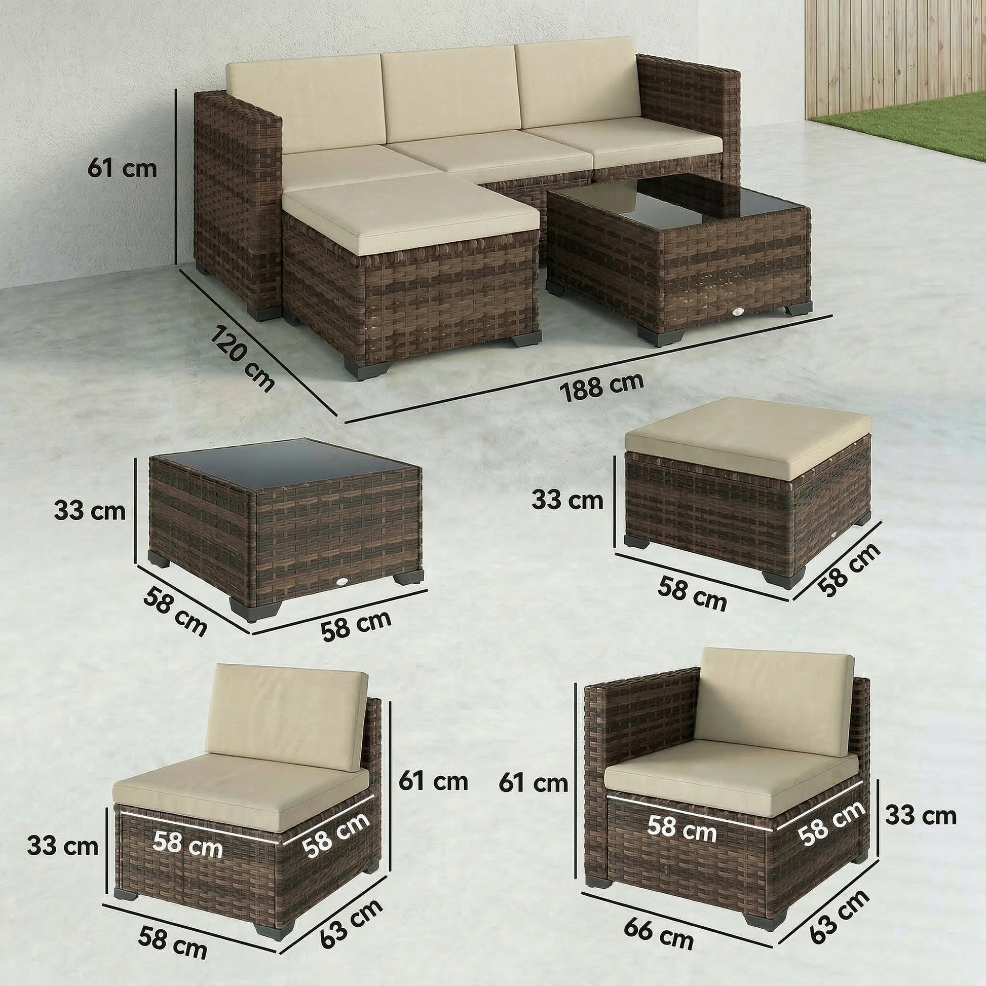 Outsunny Conjunto Muebles Jardín Exterior De Ratán 5 Piezas Cojines Caqui_2