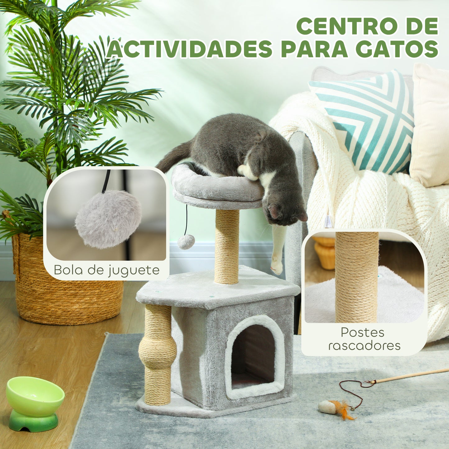 Pawhut Árbol Rascador Para Gatos Altura 66 Cm Con Cama Poste De Yute Gris Claro_3