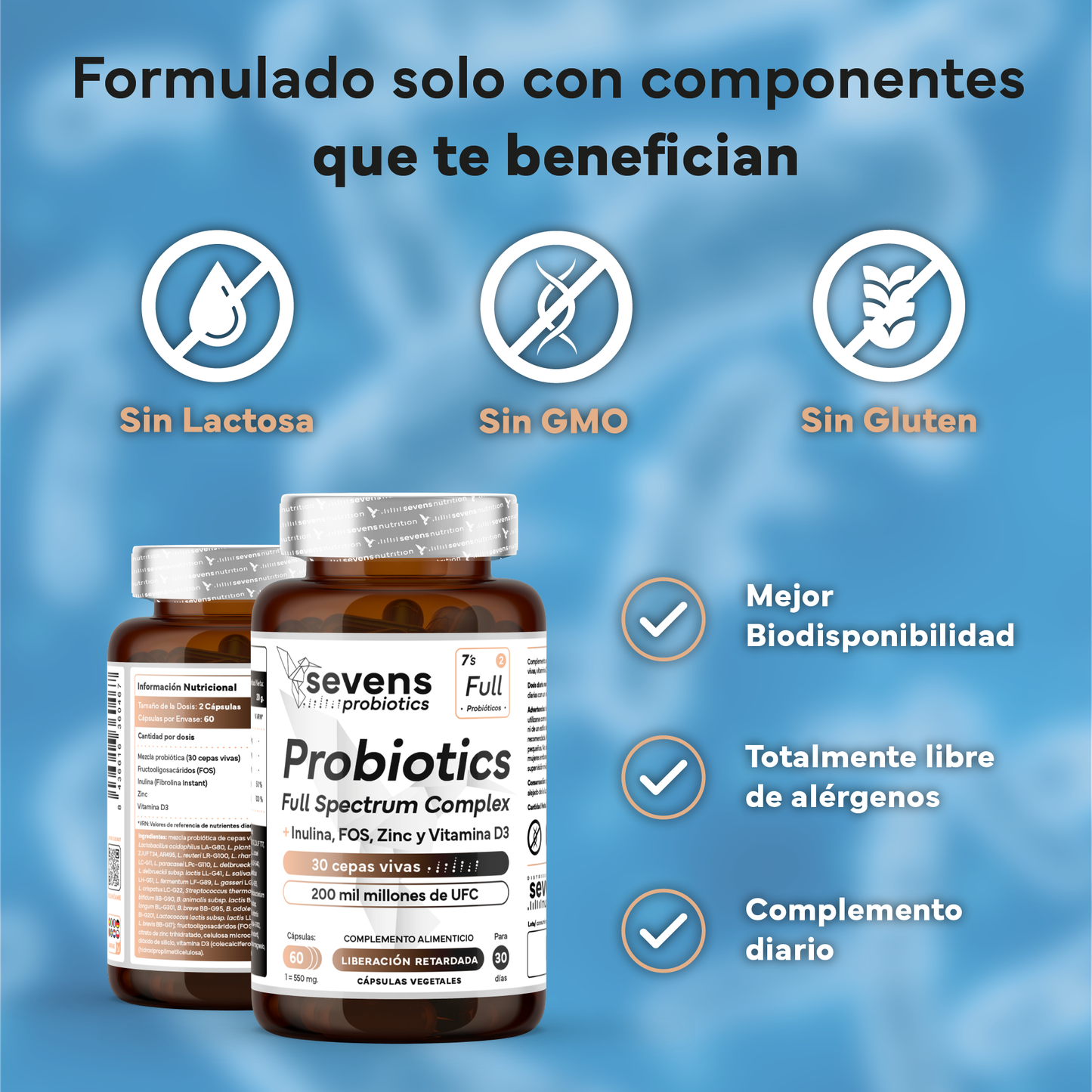 Probiótico Full Spectrum Complex + Inulina, Fos, Zinc Y Vitamina D3. Sevens Nutrition. Salud Digestiva Y Sistema Inmune