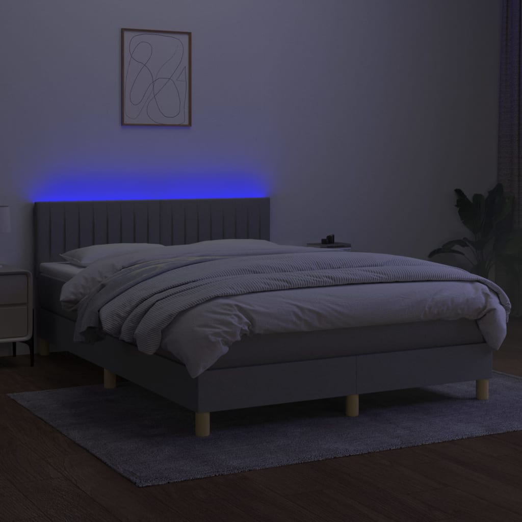 Cama Box Spring Colchón Y Luces Led Tela Gris Claro 140x190 Cm / Vetonek_0