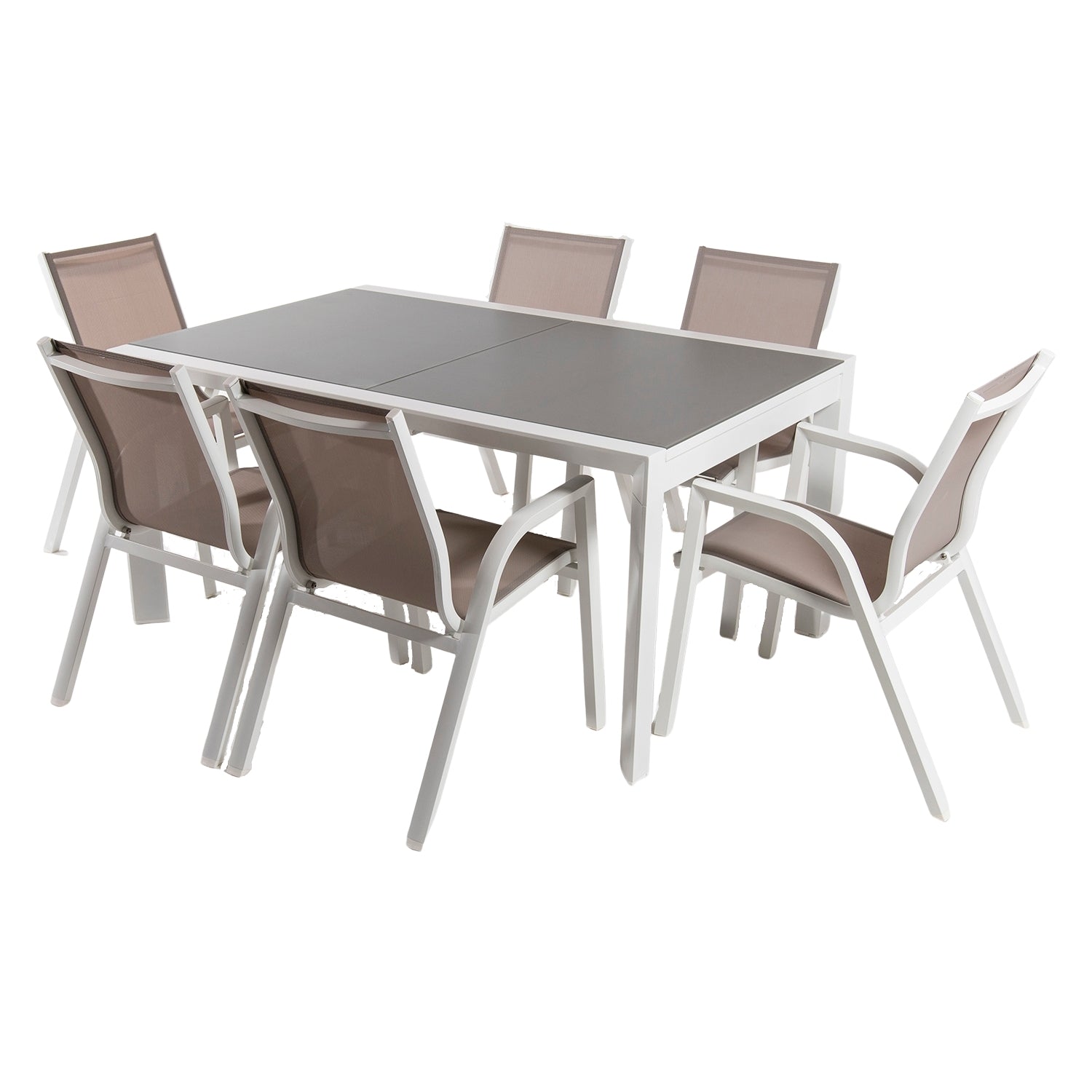 Conjunto Muebles Exterior, Mesa Extensible 160/210, Sillones Apilable, 6 Plazas, Aluminio Blanco, Textilene Taupé_0