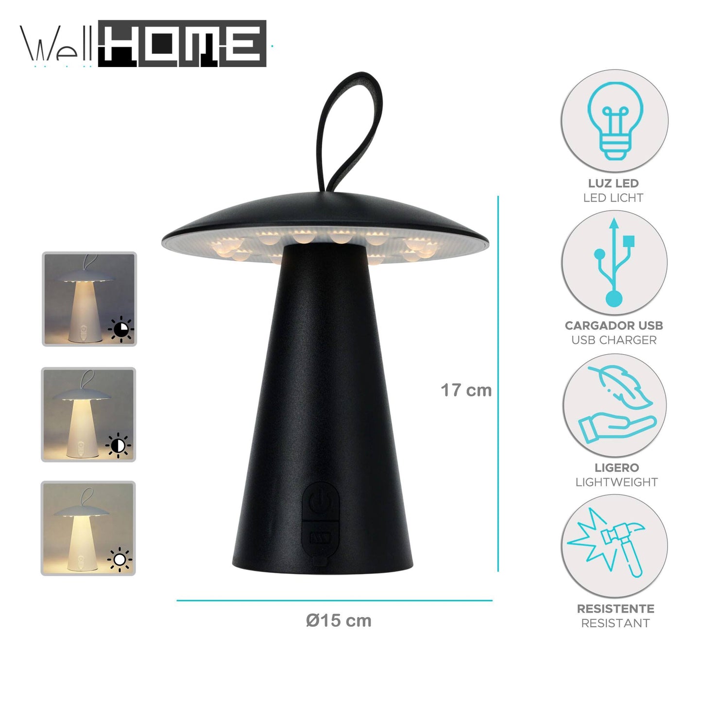 Well Home Lampara Sobremesa Recargable Negra Ø15x17cm