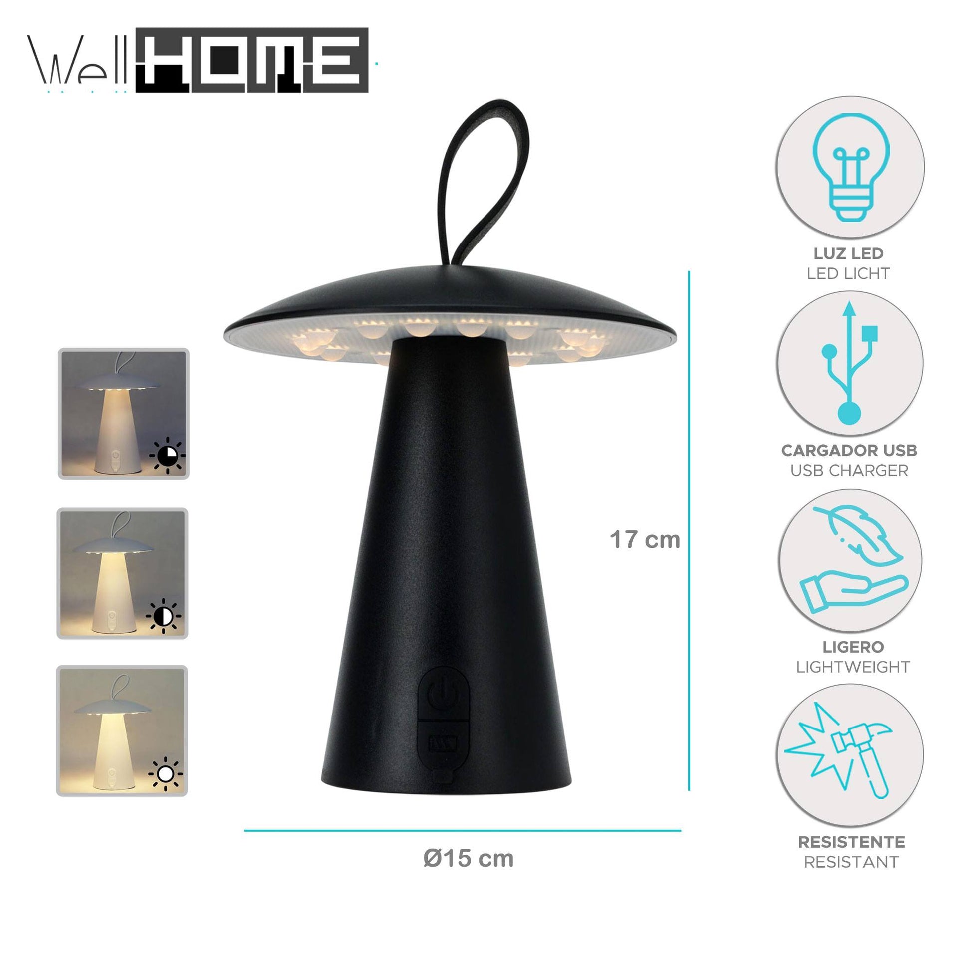 Well Home Lampara Sobremesa Recargable Negra Ø15x17cm