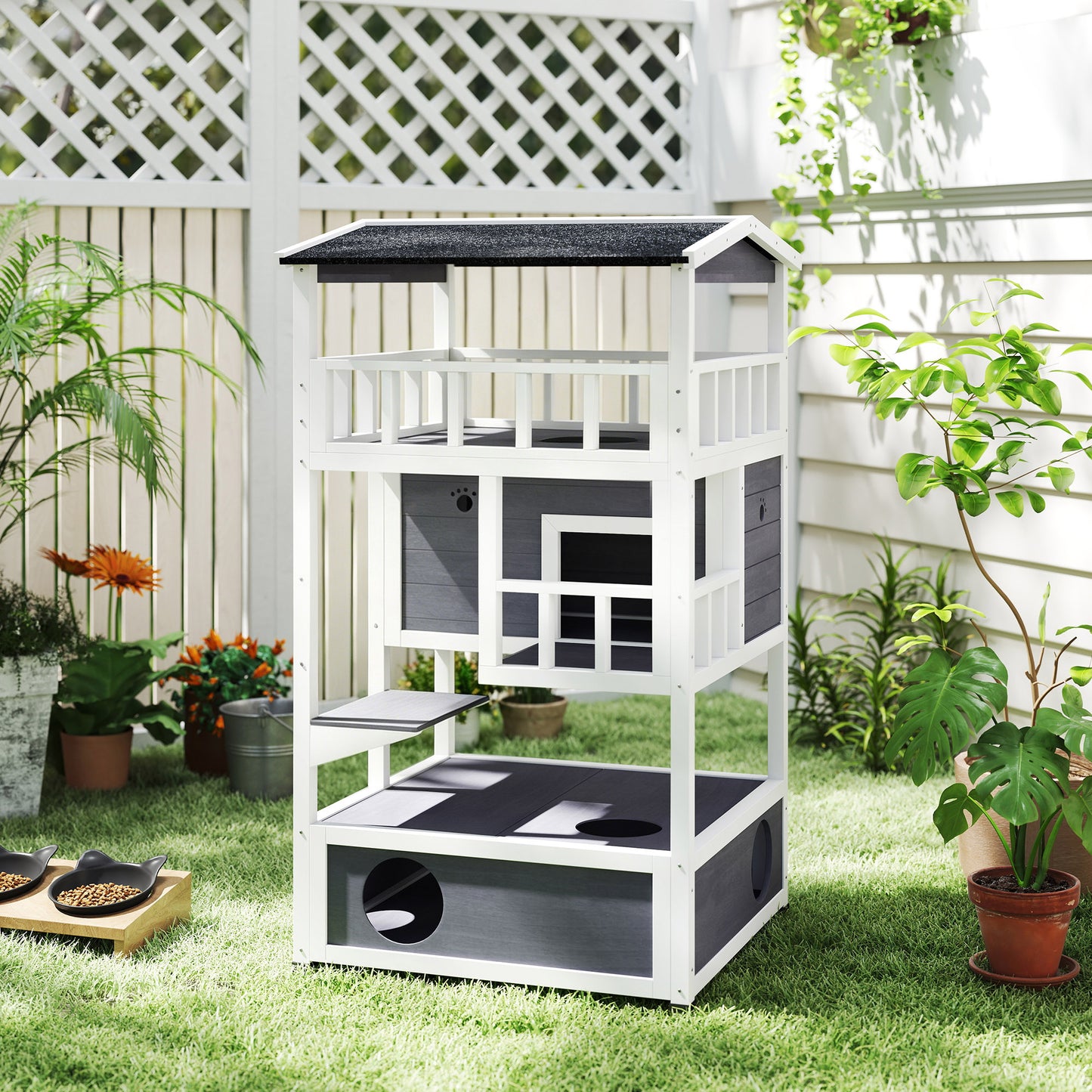 Pawhut Casa Para Gatos De Madera 75,5x75x137 Cm Con Techo Asfáltico Gris_1