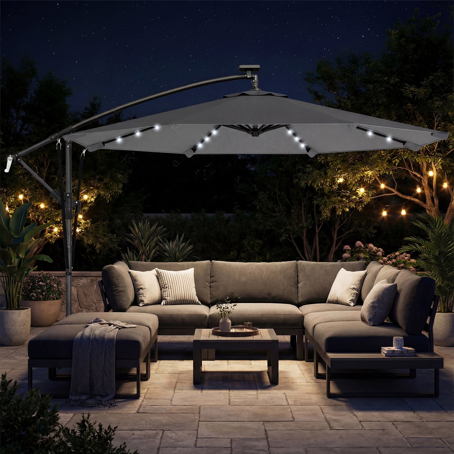 Outsunny Parasol Excéntrico Con Luces Led Solares Base Cruzada 330x295 Cm Gris_1