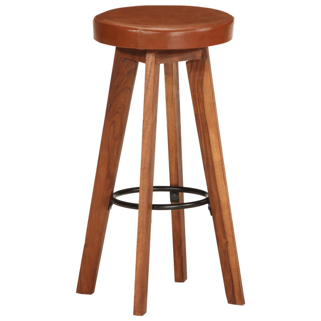 Taburetes De Cocina 2 Uds Cuero Auténtico Madera Maciza Acacia_1