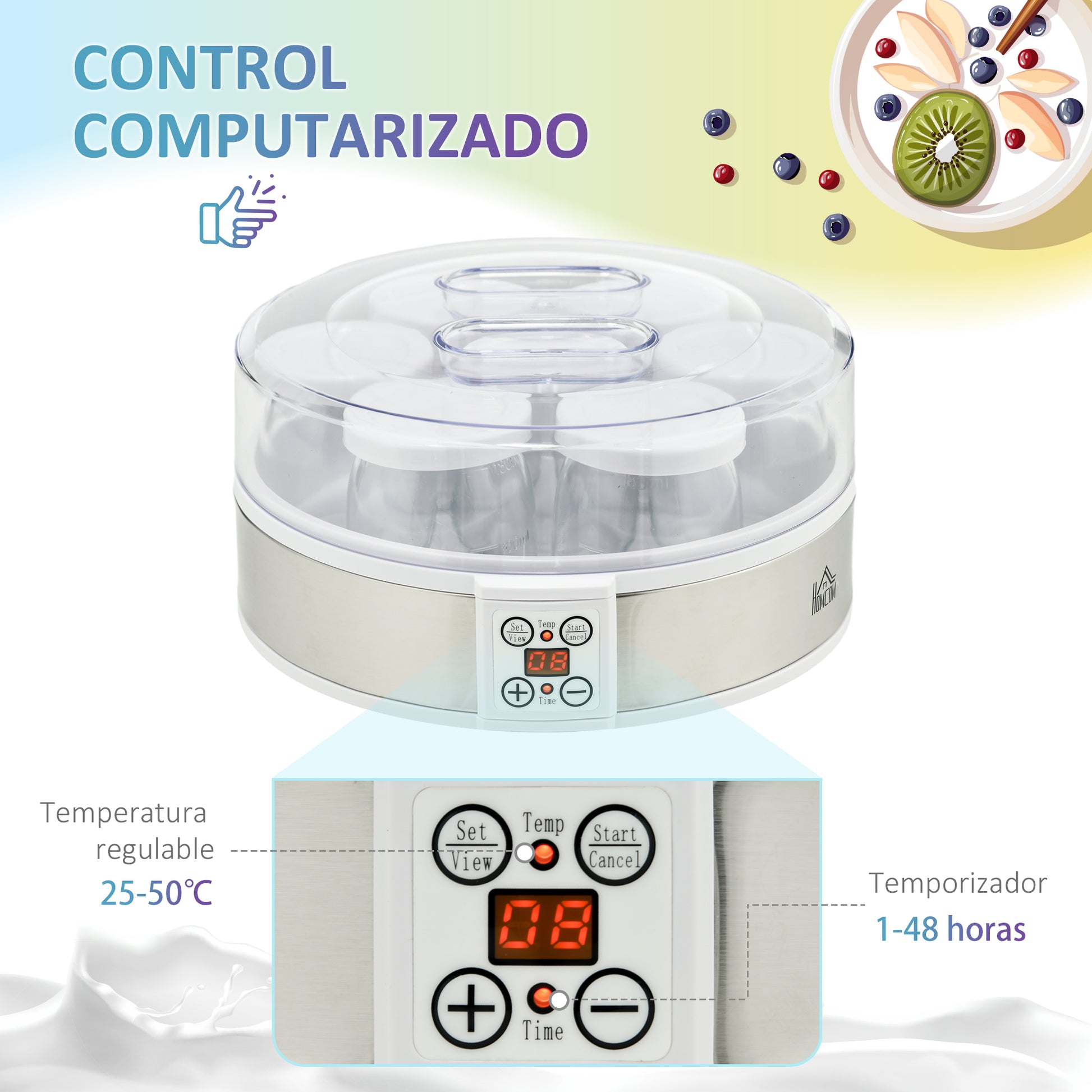 Homcom Yogurtera 20w 1,26l Con 7 Tarros De Cristal De 180 Ml 24x24x13 Cm Blanco_5