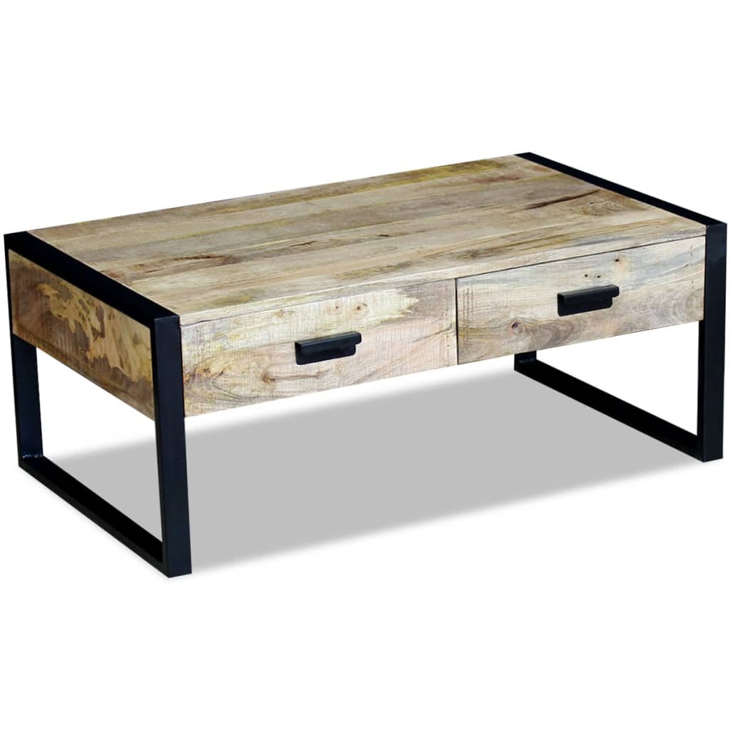 Mesa De Centro Con 2 Cajones Madera Maciza Mango 100x60x40 Cm_3