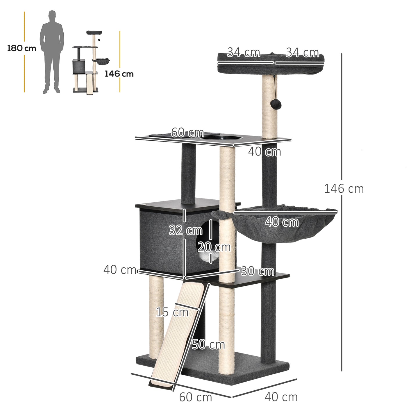 Pawhut Árbol Para Gato Con Cueva De Fieltro Extraíble Poste Rascador 60x40x146cm_2