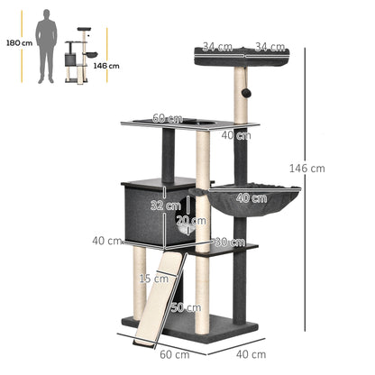 Pawhut Árbol Para Gato Con Cueva De Fieltro Extraíble Poste Rascador 60x40x146cm_2