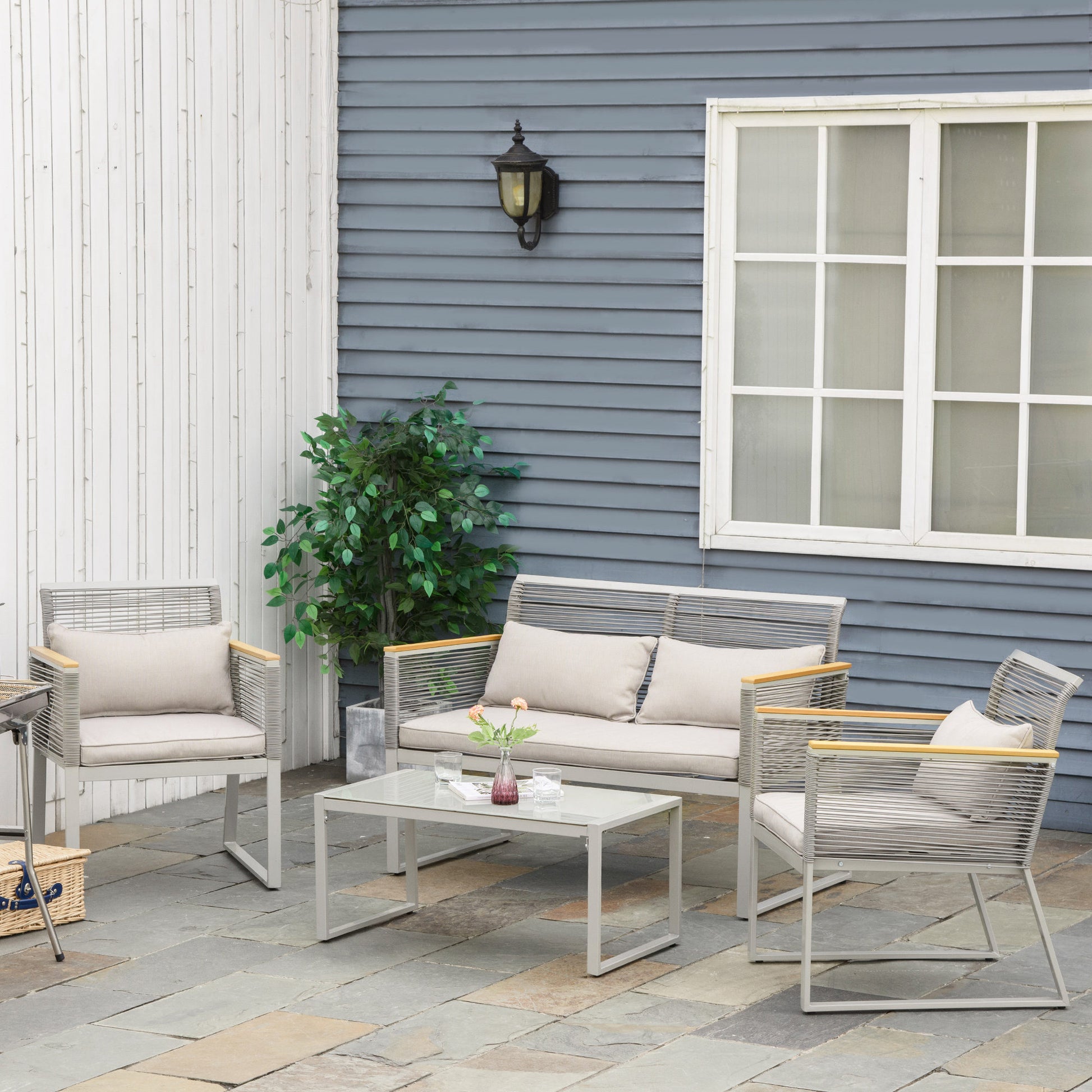 Outsunny Muebles Jardín De Ratán 4 Piezas Sofá Doble 2 Sillones Y Mesa De Café_1