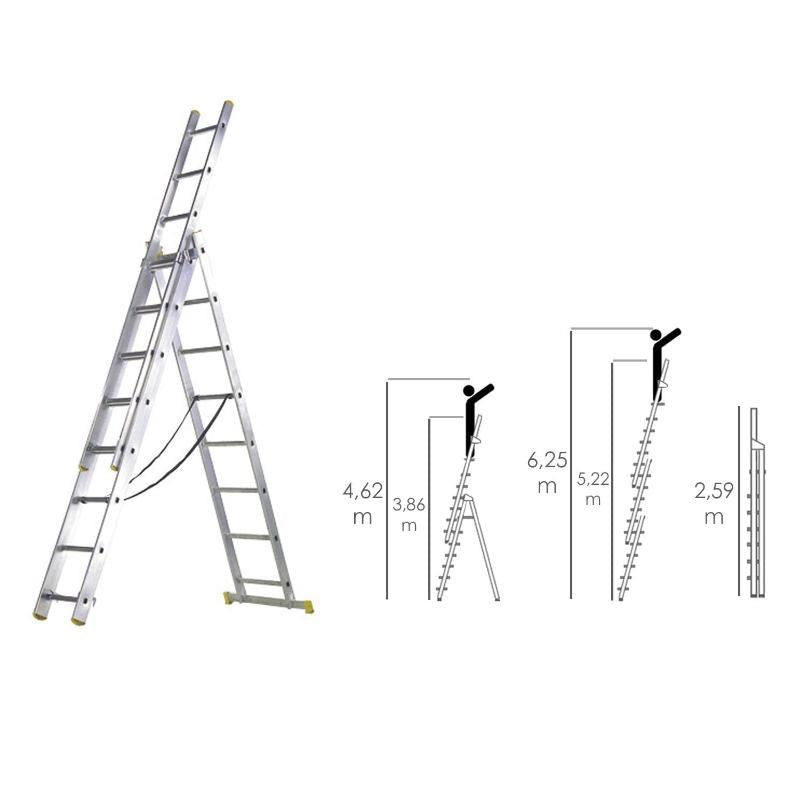 Escalera Aluminio 3 Tramos 9+9+9 Peldaños.plegable, Telescópica, Antideslizante, Resistente.