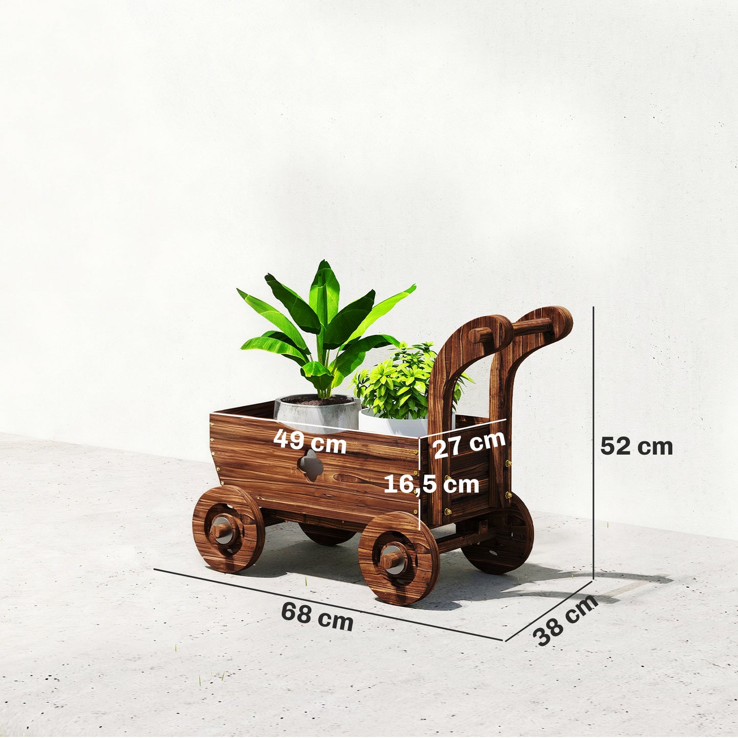 Outsunny Carretilla De Madera Decorativa Exterior Con 4 Ruedas Asa Carbonizado_2