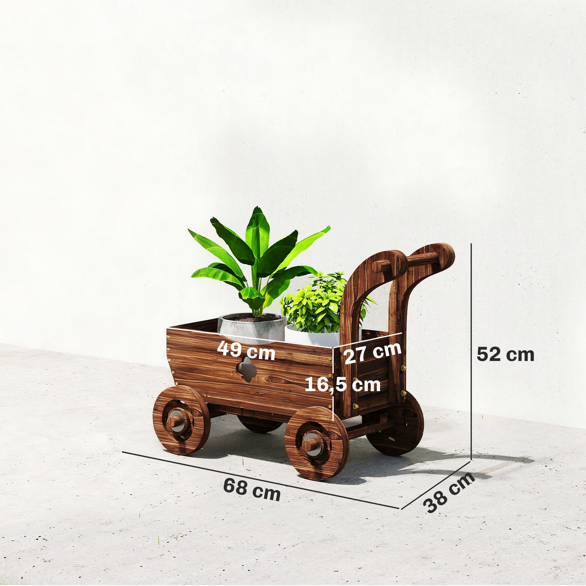 Outsunny Carretilla De Madera Decorativa Exterior Con 4 Ruedas Asa Carbonizado_2