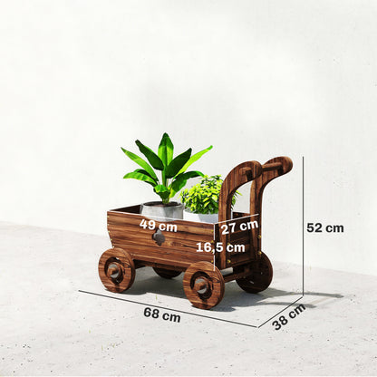 Outsunny Carretilla De Madera Decorativa Exterior Con 4 Ruedas Asa Carbonizado_2