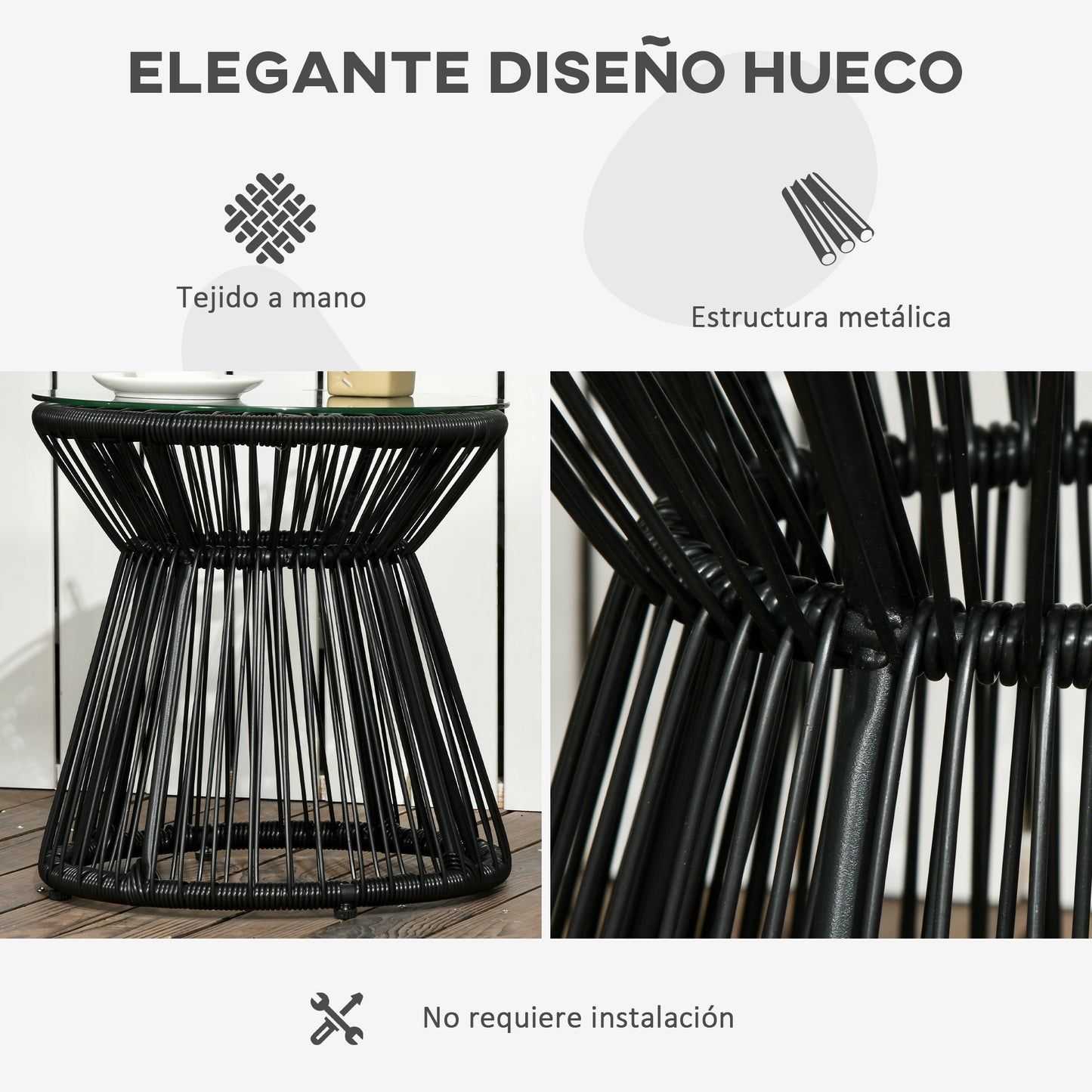Outsunny Mesa De Jardín De Ratán Sintético Con Marco De Metal Ø40x42 Cm Negro_4