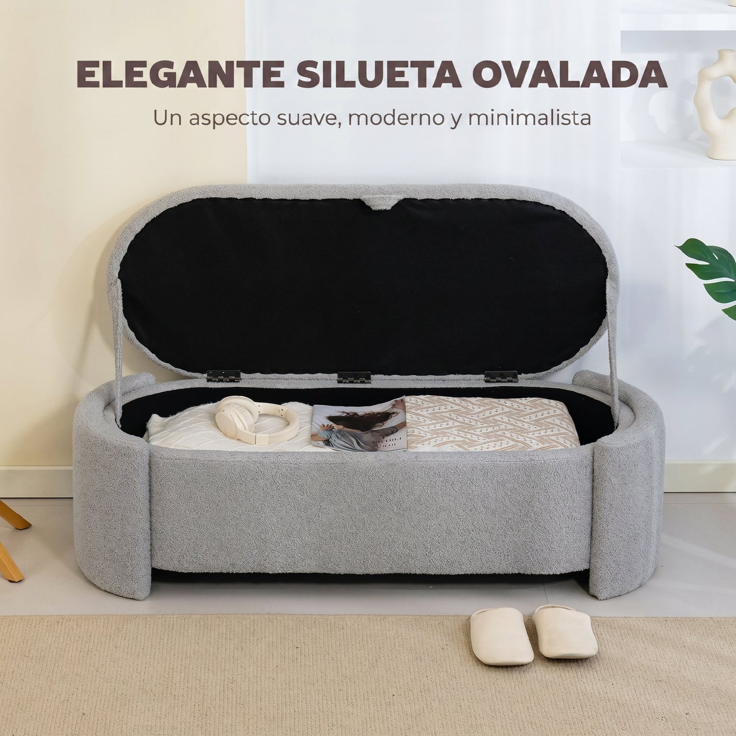 Homcom Puff Almacenaje Banco Almacenaje Ovalado 129x48,5x44 Cm Gris Claro_5