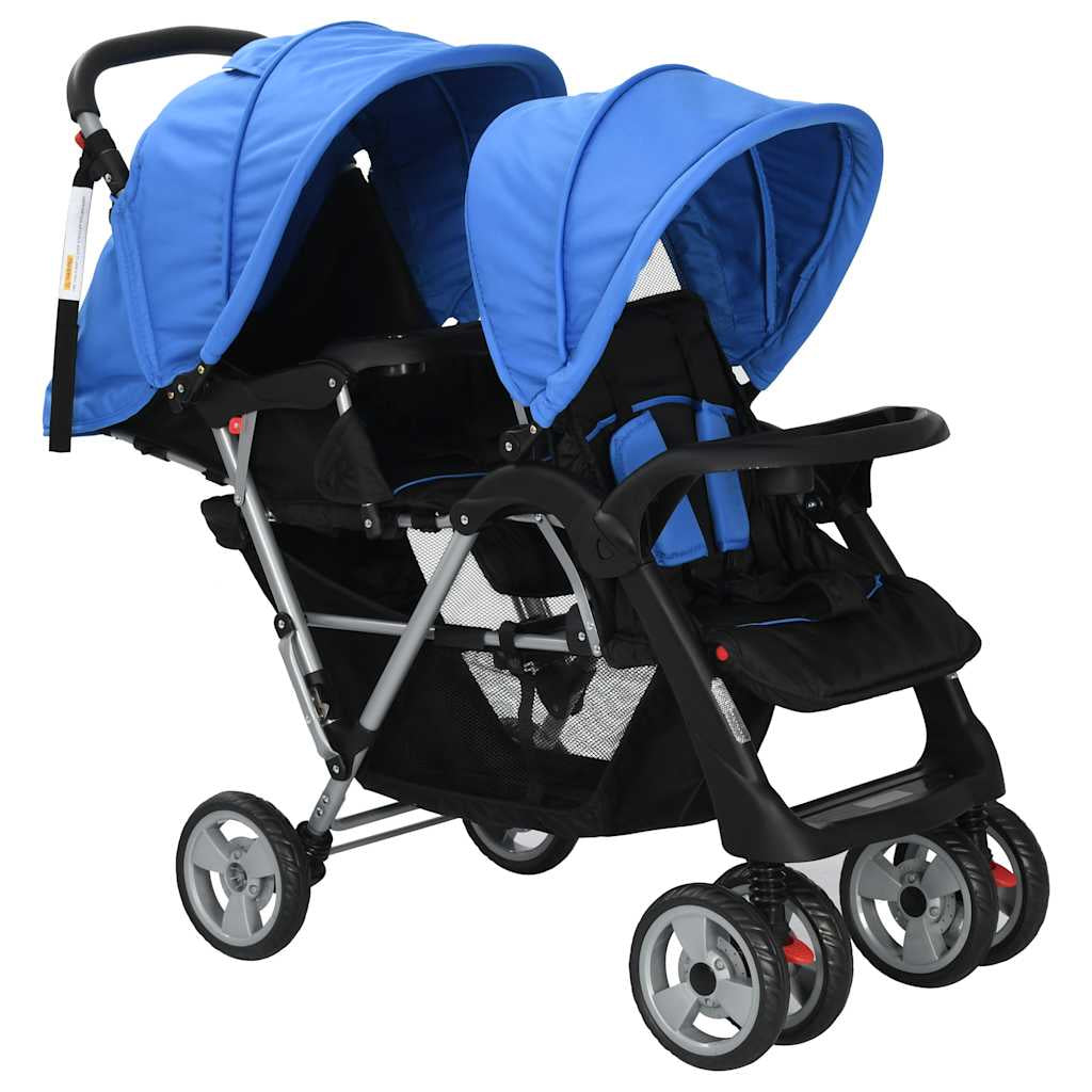 Vidaxl Carrito Para 2 Niños Tandem De Acero Azul Y Negro_1