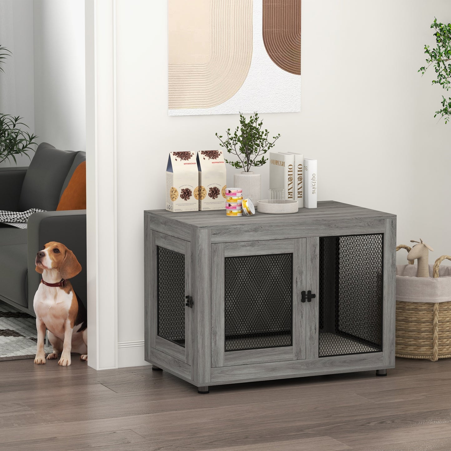 Pawhut Jaula Para Perros Grandes Estilo Mueble 94x60x71,5 Cm Gris_1