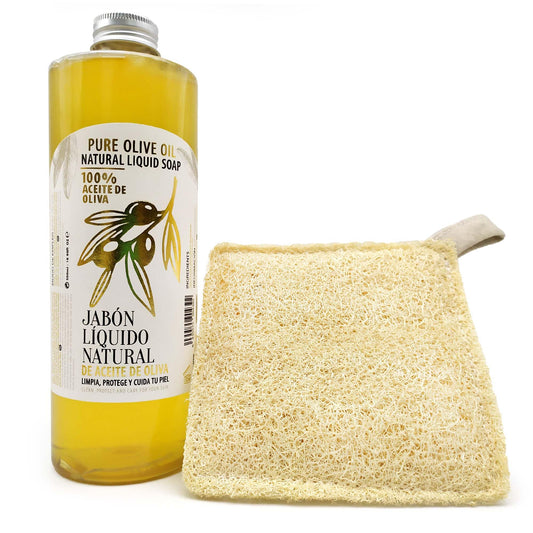 Pack Jabón Líquido Natural Aceite De Oliva + Esponja Vegetal - Para Todo Tipo De Piel, Sensible, Seca - 100% Vegetal_0