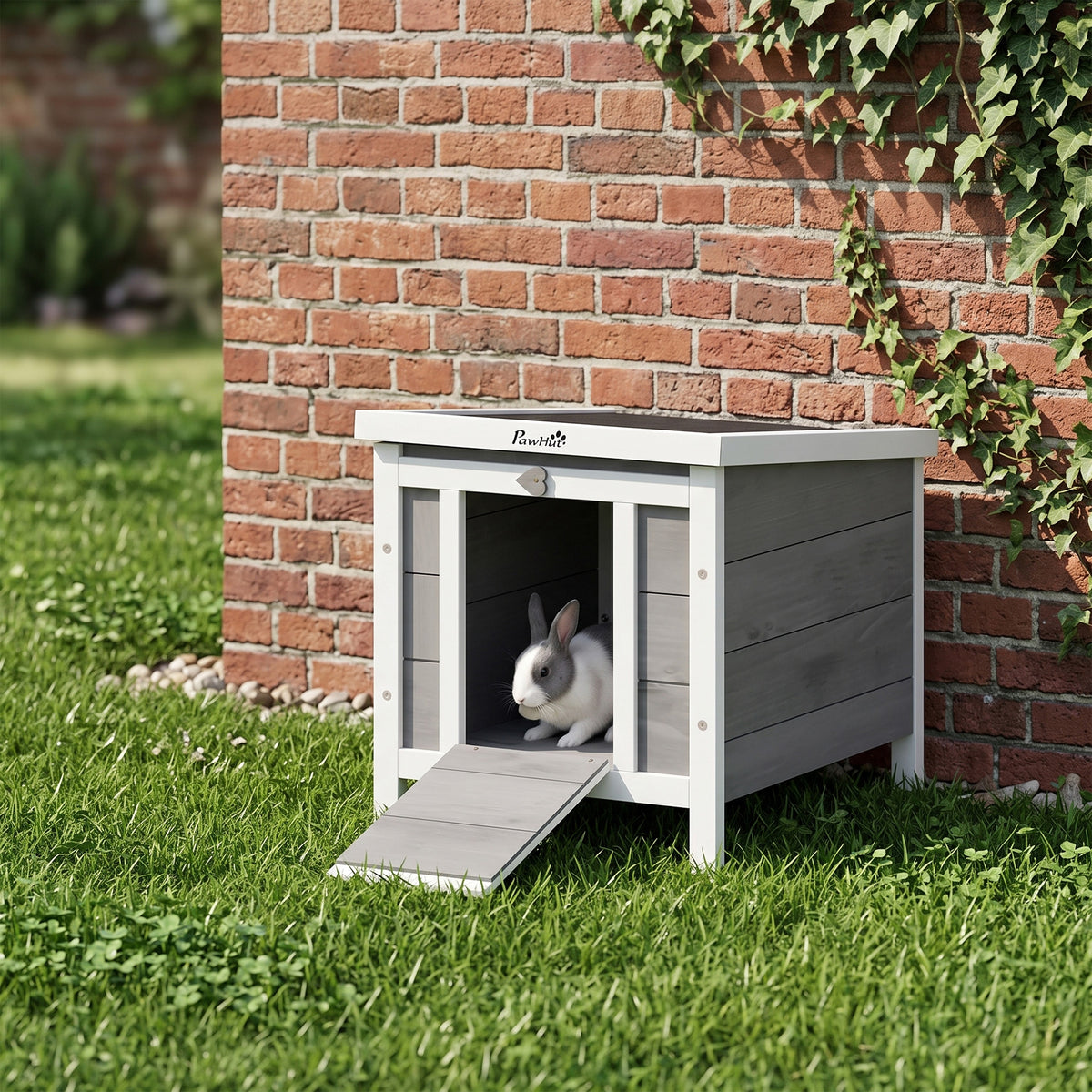 Pawhut Conejera Madera Exterior Con Techo Asfáltico Abatible 42x51x43 Cm Gris_3