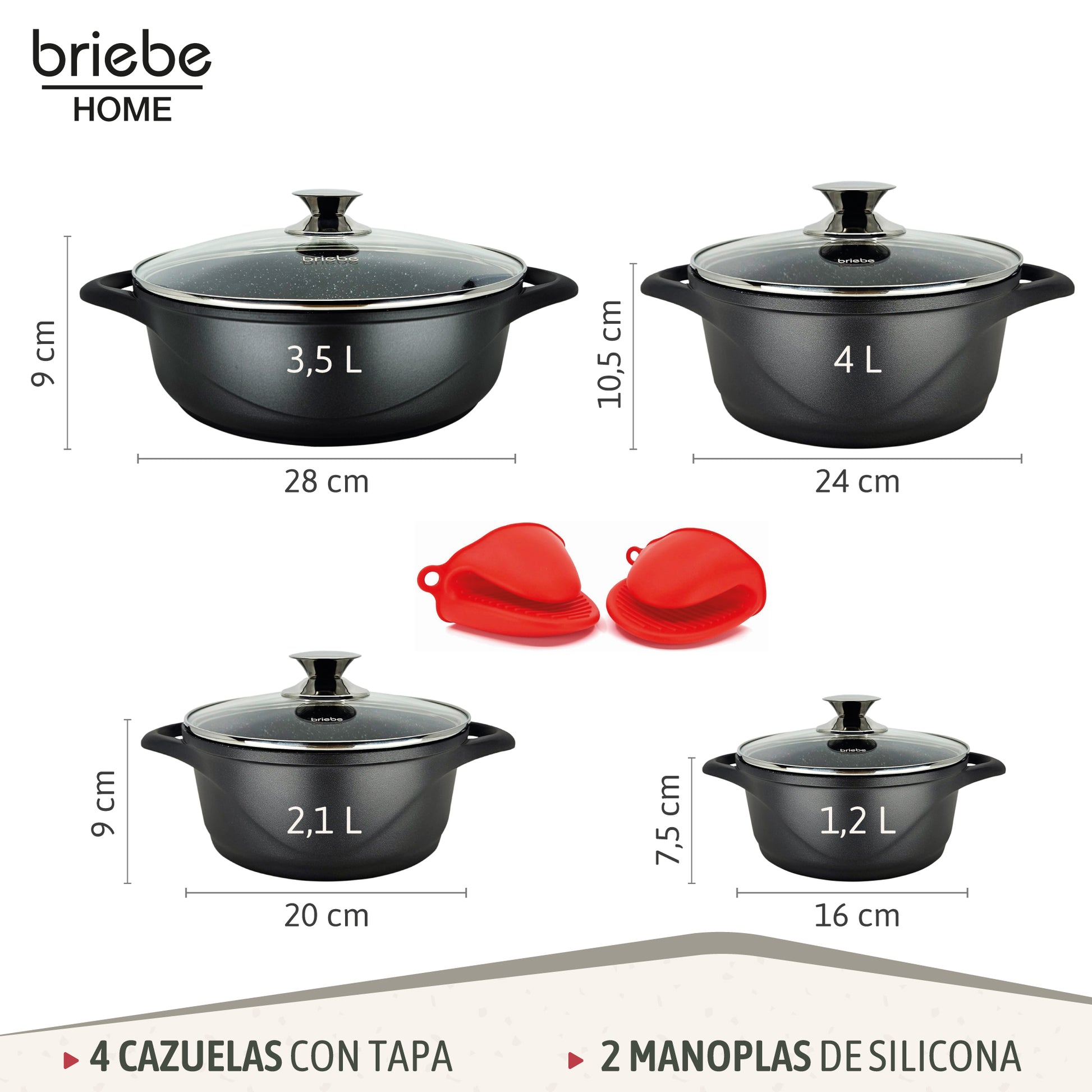 Briebe Batería De Cocina Inducción 8 Piezas Aluminio Fundido 4 Ollas Con Tapa De Cristal Antiadherente, Mgk-17, Negro_2