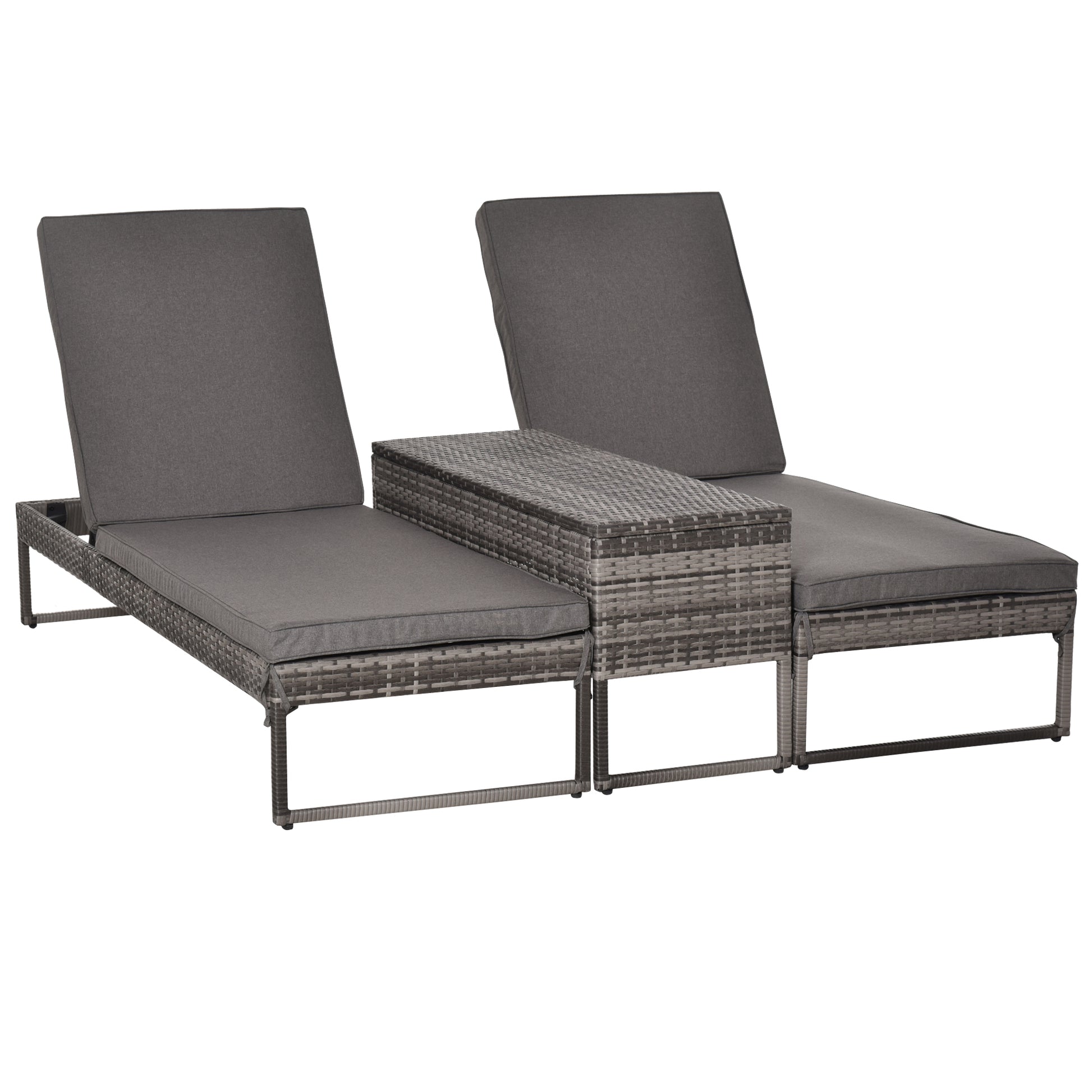 Outsunny Conjunto De 2 Tumbonas De Terraza Con Mesa Ratán 195x60x86 Cm Gris_0