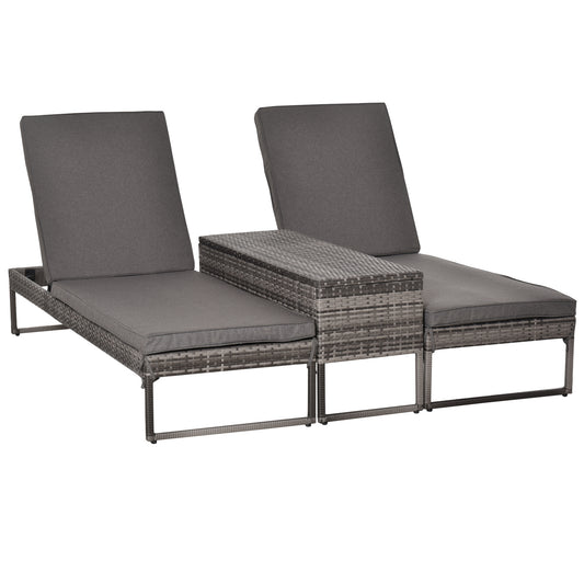 Outsunny Conjunto De 2 Tumbonas De Terraza Con Mesa Ratán 195x60x86 Cm Gris_0