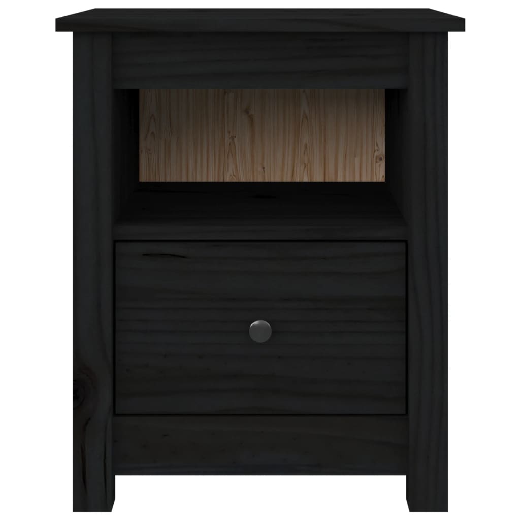 Mesita De Noche Madera Maciza De Pino Negra 40x35x49 Cm_3