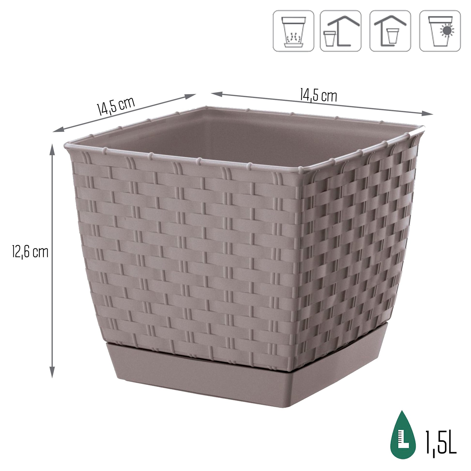 Maceta Ratolla Square 1,5l., Dimensiones (mm) 145x145x126, Color Mocca