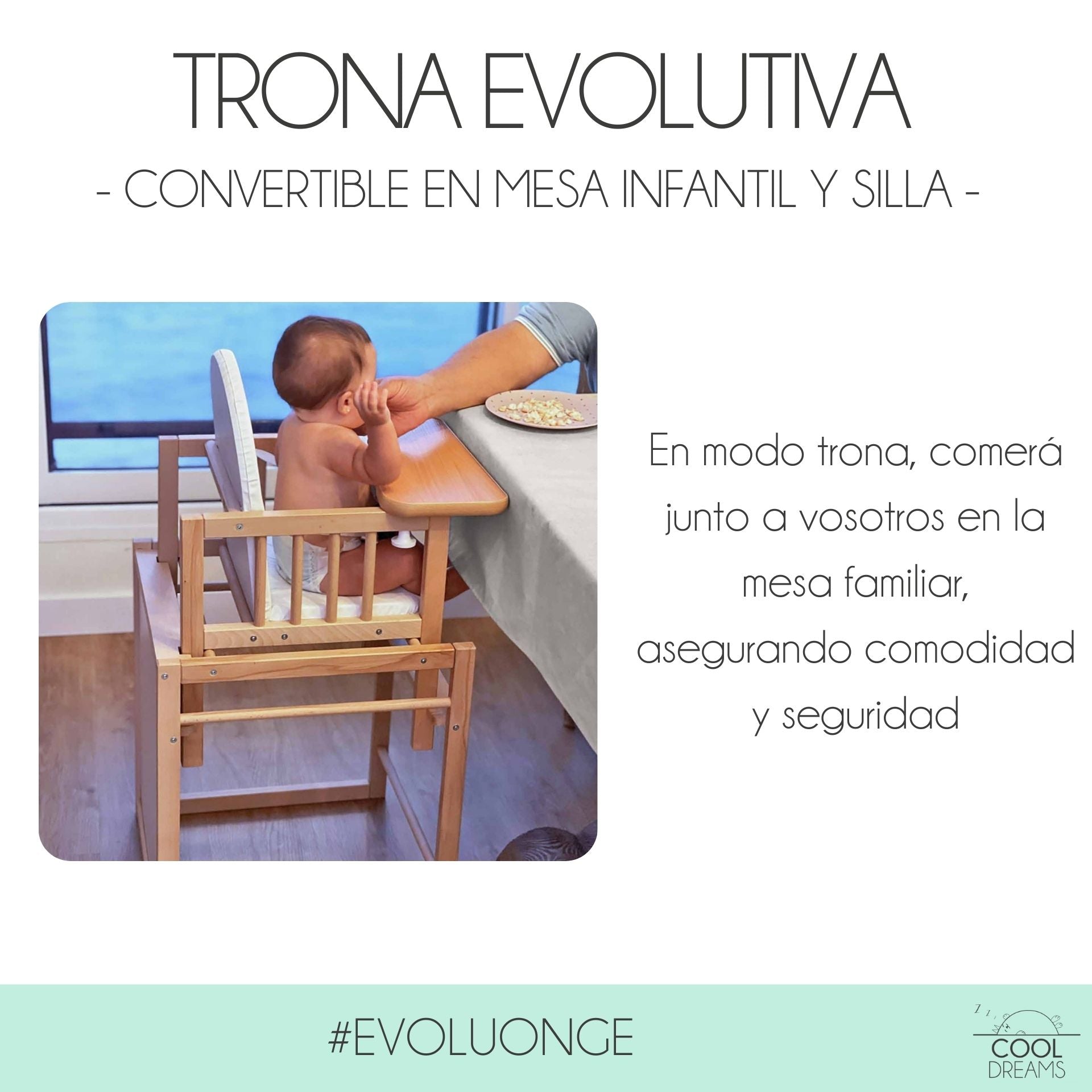 Trona Evolutiva Bebe Portatil De Madera De Haya Evoluonge. Convertible En Mesa Y Silla Infantil. Asiento Acolchado_1