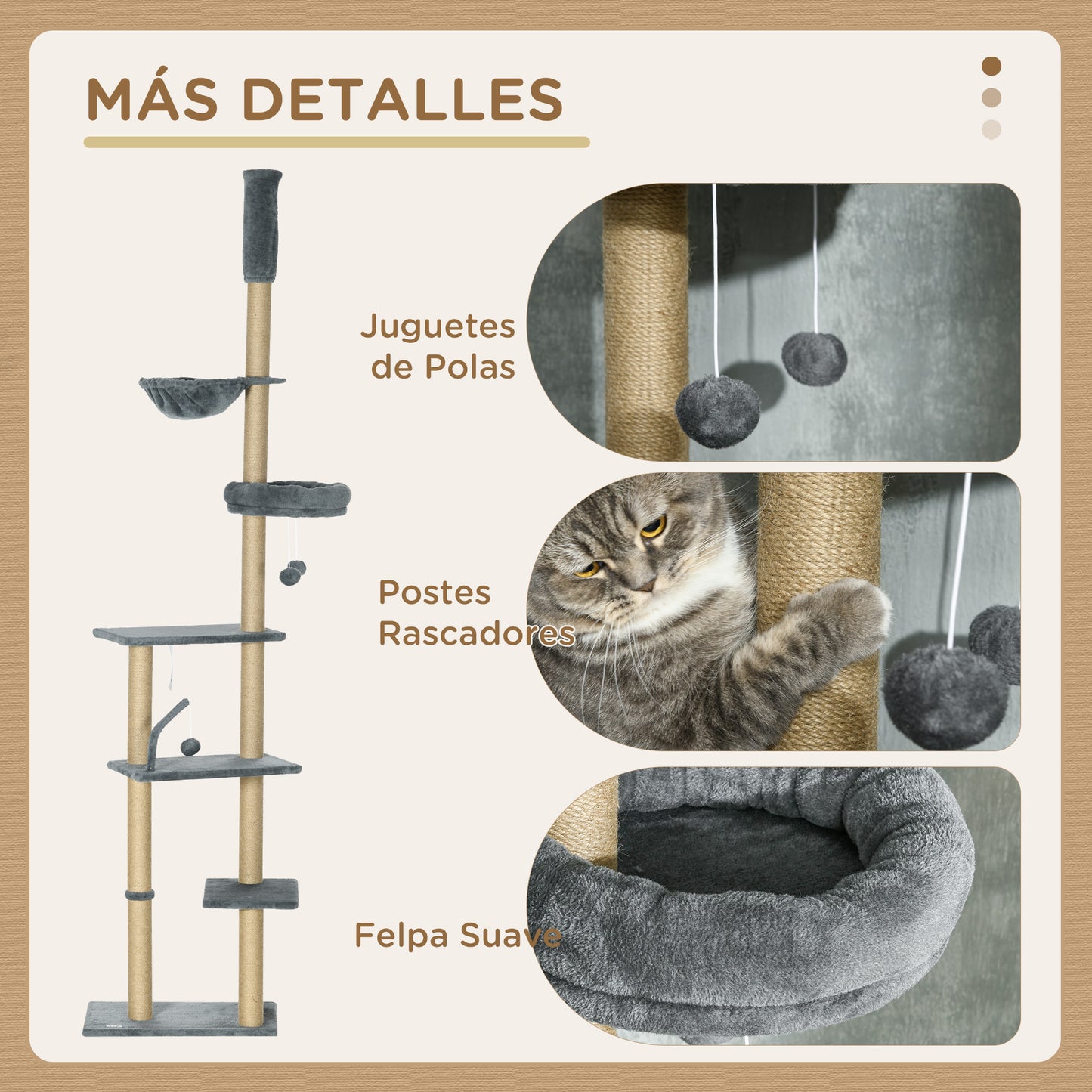 Pawhut Árbol Para Gatos De Suelo A Techo De 230-250cm Con Altura Ajustable Gris_5