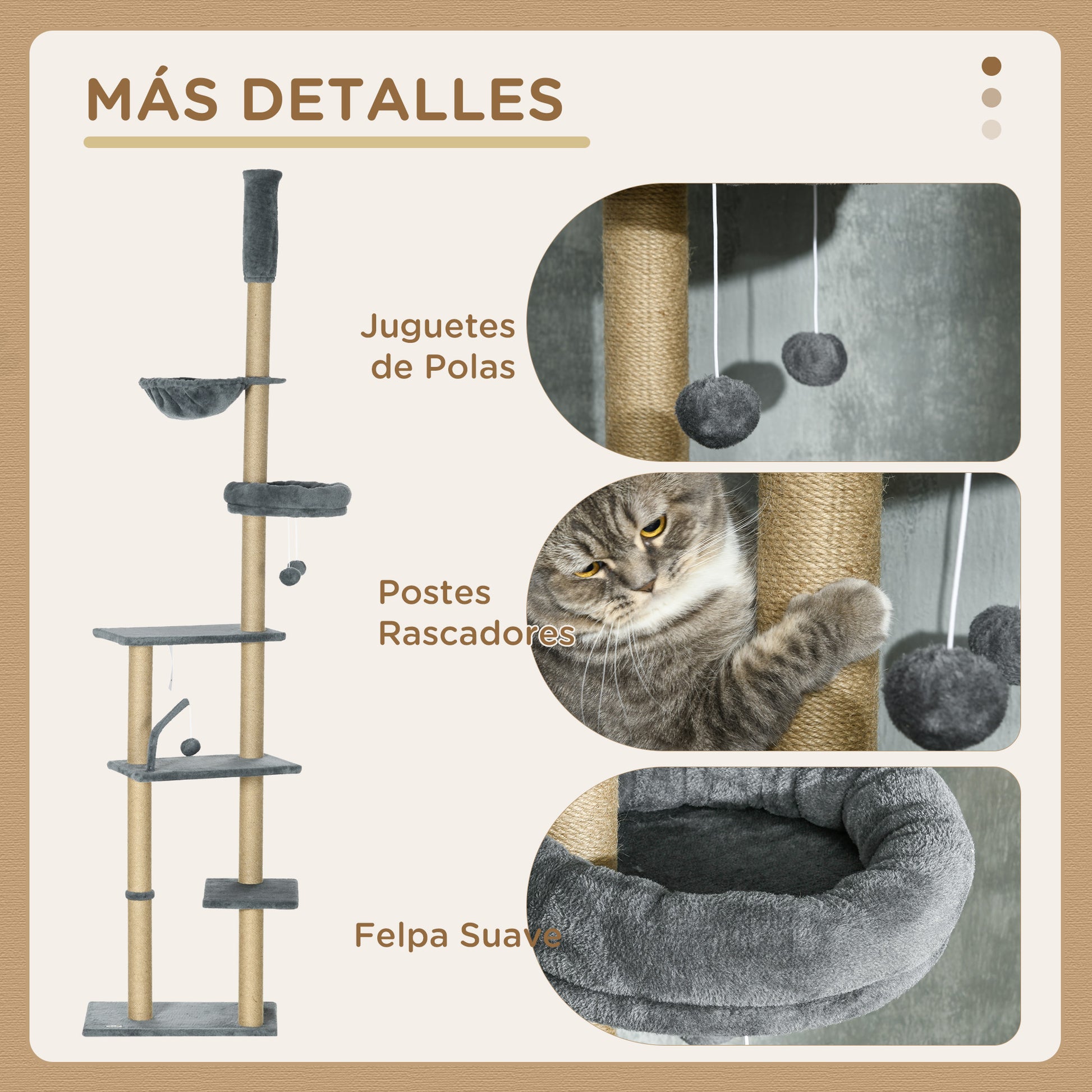 Pawhut Árbol Para Gatos De Suelo A Techo De 230-250cm Con Altura Ajustable Gris_5