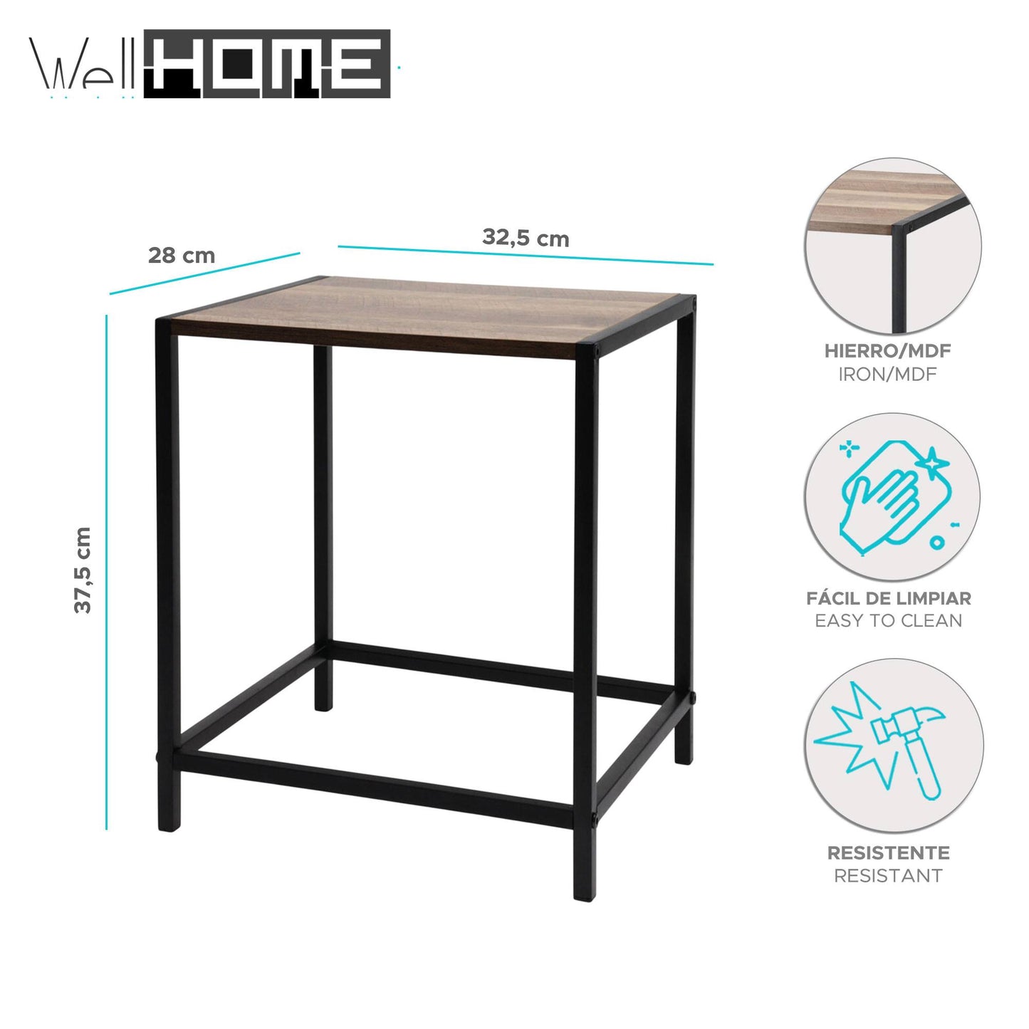 Well Home Mesa Auxiliar De Hierro Y Mdf 32,5x28x37,5cm