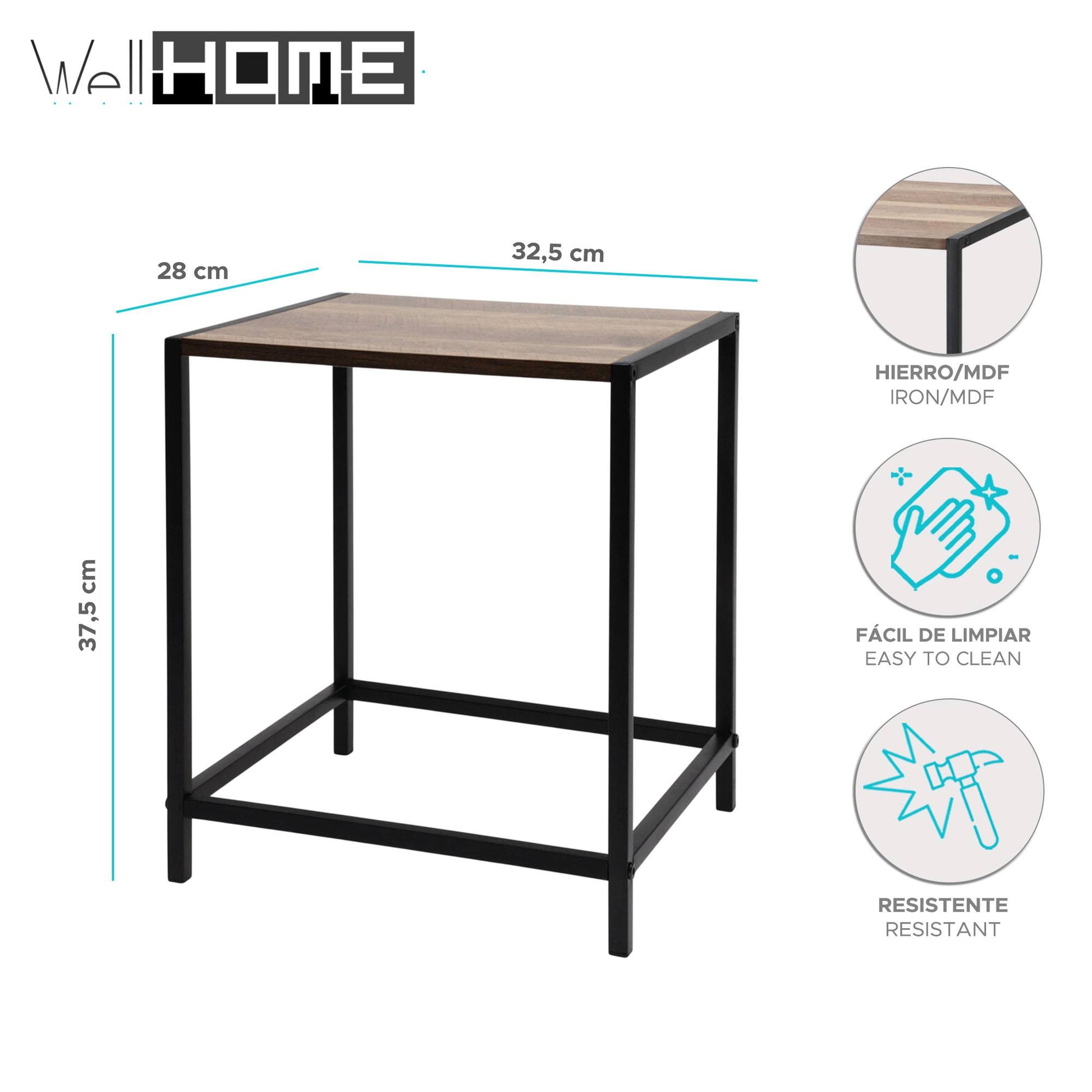 Well Home Mesa Auxiliar De Hierro Y Mdf 32,5x28x37,5cm