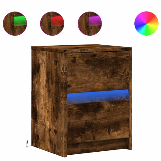 Mesita De Noche Con Luces Led Madera Ingeniería Roble Ahumado_0