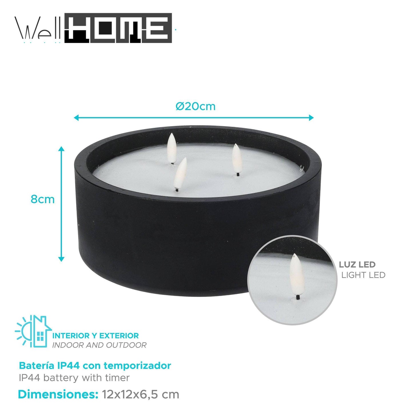 Well Home - Pack 6 Velas Led Redonda Negro