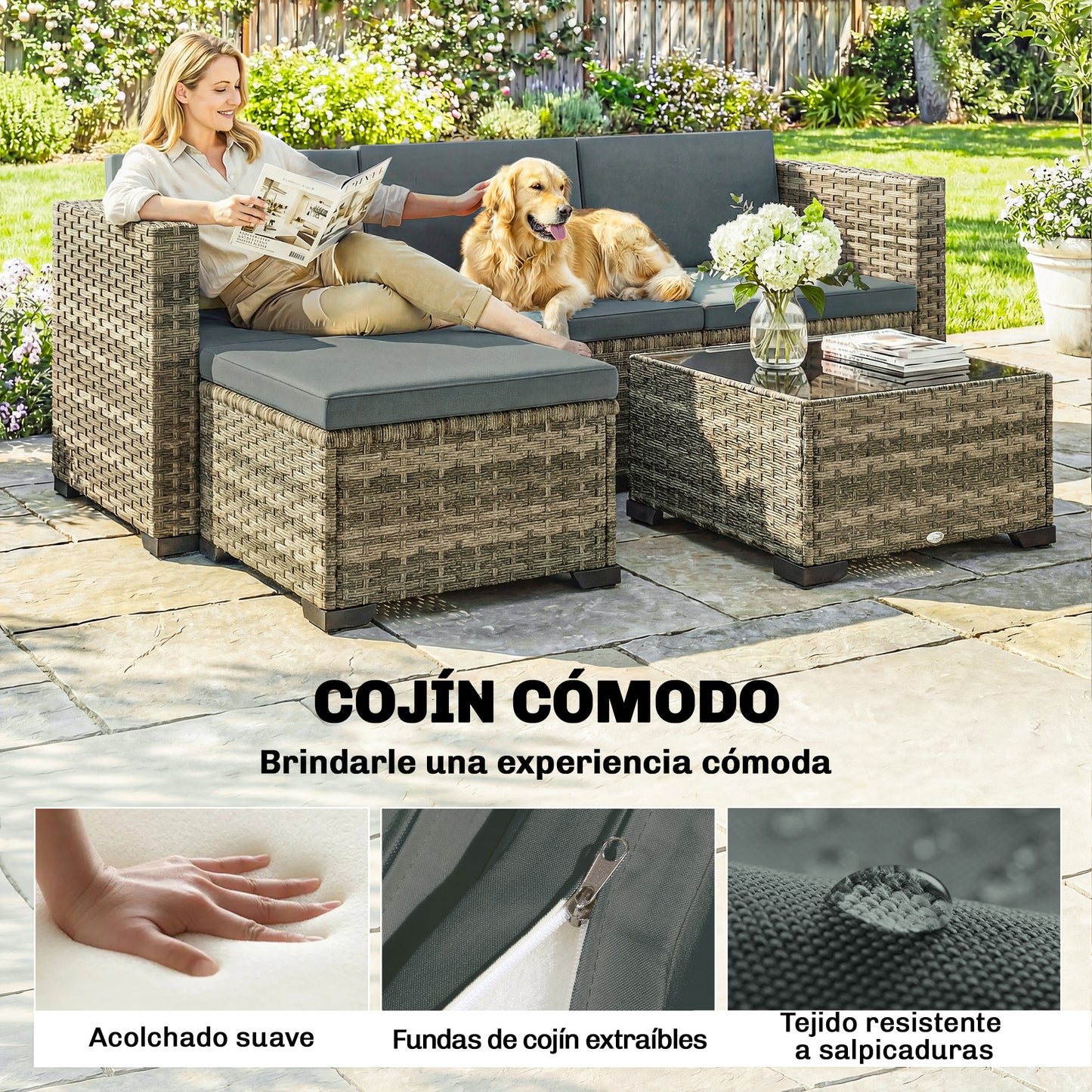 Outsunny Conjunto Muebles Jardín Exterior De Ratán 5 Piezas Cojines Gris Oscuro_5