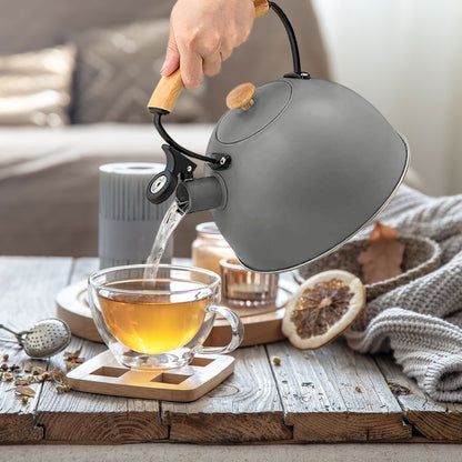 Tetera Con Silbato, Hervidor De Agua 2,5l, Inducción, Acero Inox, Vintage, Mango Madera, Briebe, Nordic, Gris